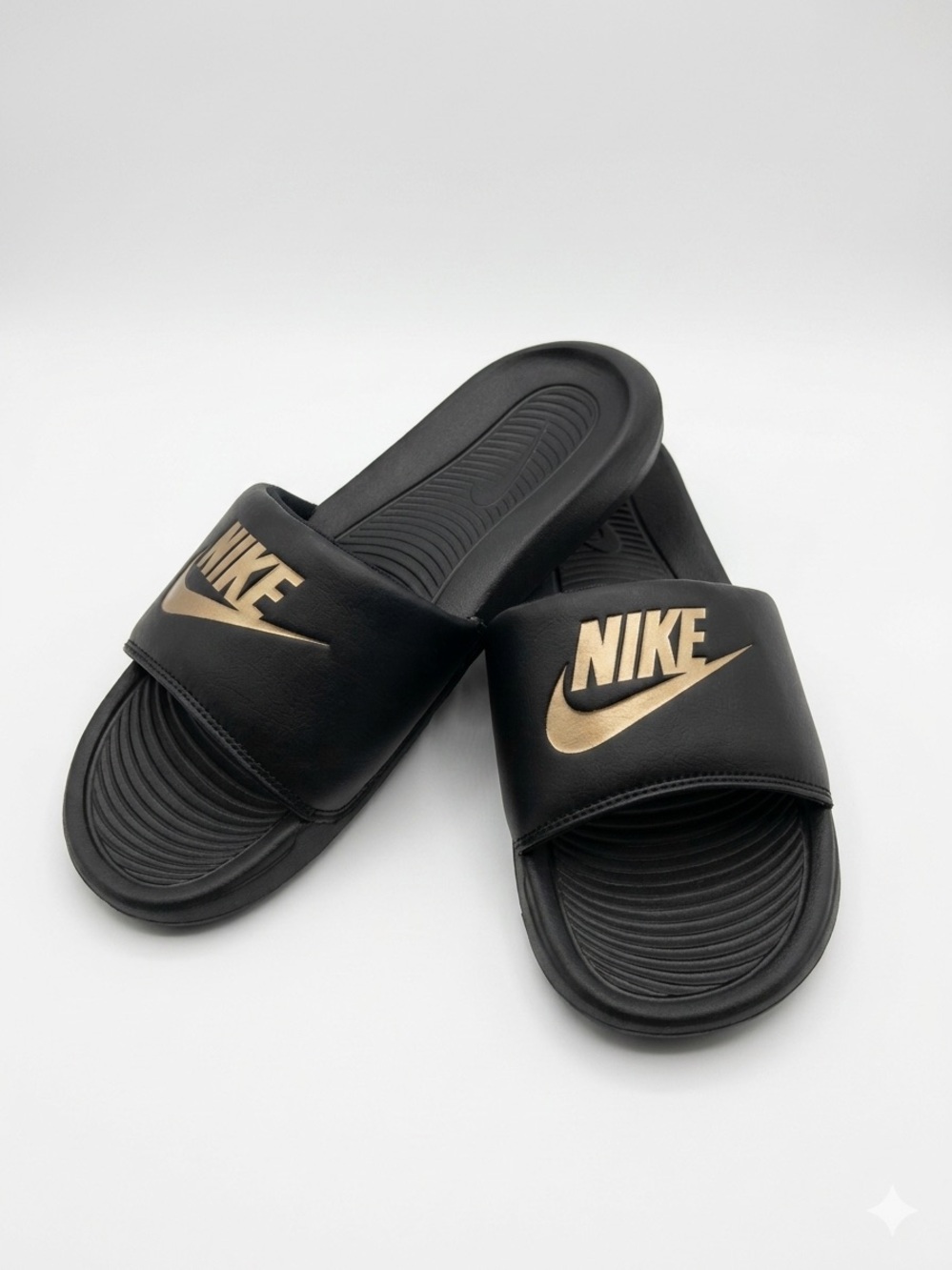 Nike Victori One Black Slides with Metallic Gold Swoosh Logo Size 8 Mens